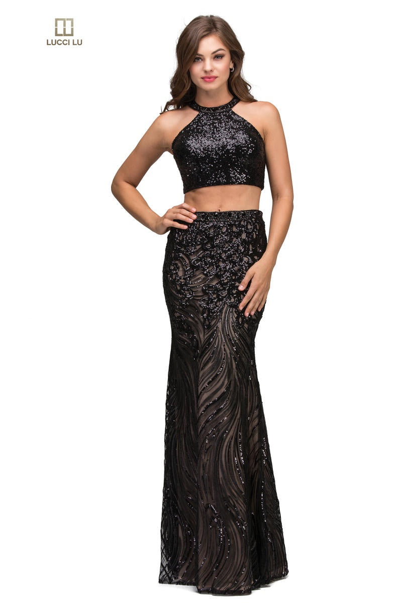 black and nude sequin dress Black Nude Sequin Illusion High Slit Long Dress Olvi's Lace
