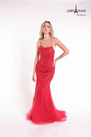 Lucci Lu 90171 Embroidered Lace Fitted Dress with Train Lucci Lu 