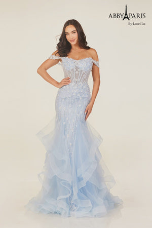 Lucci Lu 90333 Light Blue Beaded Tulle Fit-n-Flare Dress Lucci Lu 