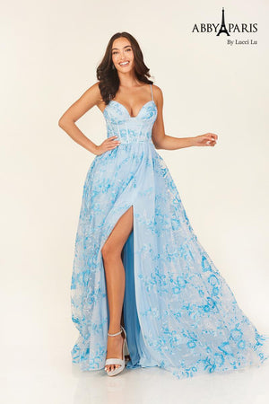 Lucci Lu 90340 Sky Blue Floral Design A-Line Dress Lucci Lu 