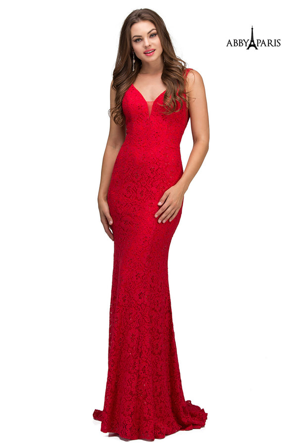 Lucci Lu 95130 Red V-Neck Fitted Lace Dress with Train