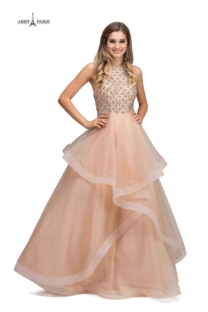 Lucci Lu 95148 Beige High Neck Beaded Bodice Layered Tulle Ballgown