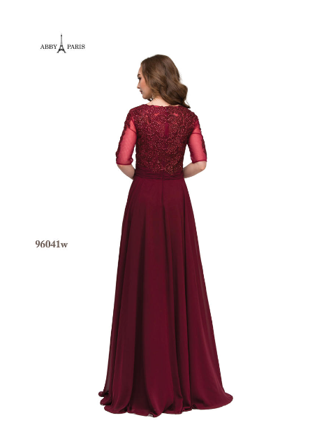 Lucci Lu 96041 Burgundy Lace Sleeves Chiffon Dress