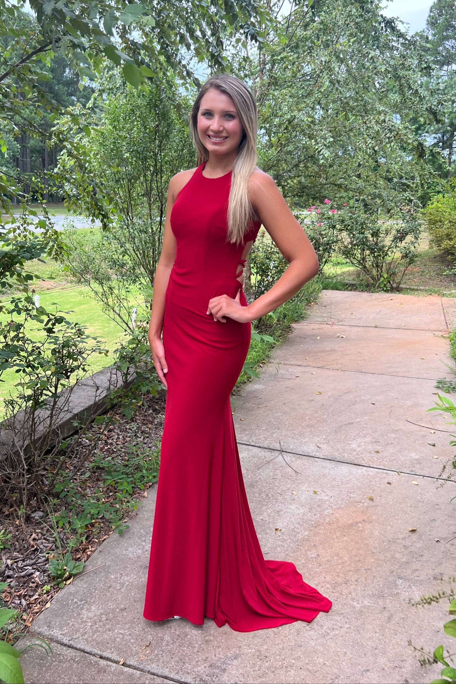 Lucci Lu 981028 RED Lace Up Back Fitted Jersey Dress RED / 8 Lucci Lu 981028 RED Lace Up Back Fitted Jersey Dress RED / 8