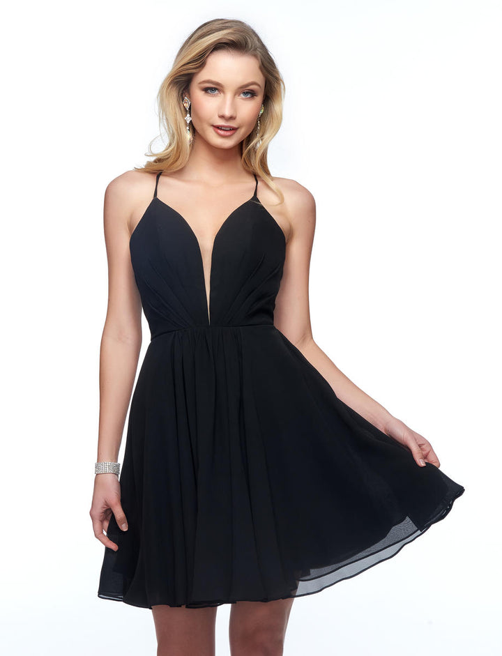 Lucci Lu 984911 Black Chiffon Short Dress with Lace Up Back