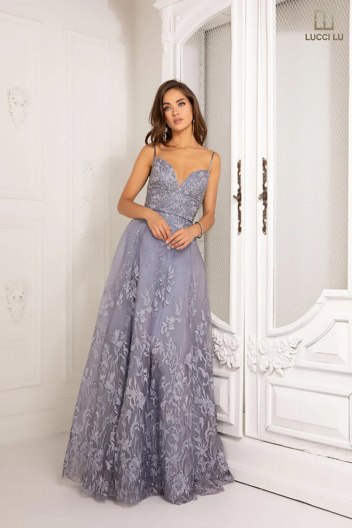 Lucci Lu COUTURE 8027 DUSTY BLUE Embroidered Tulle A-Line Dress - Size 10