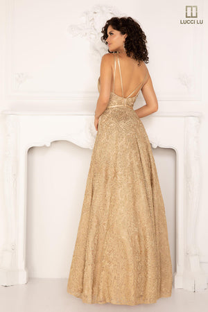 Lucci Lu 1095 Gold Embroidered Tulle A-Line Dress
