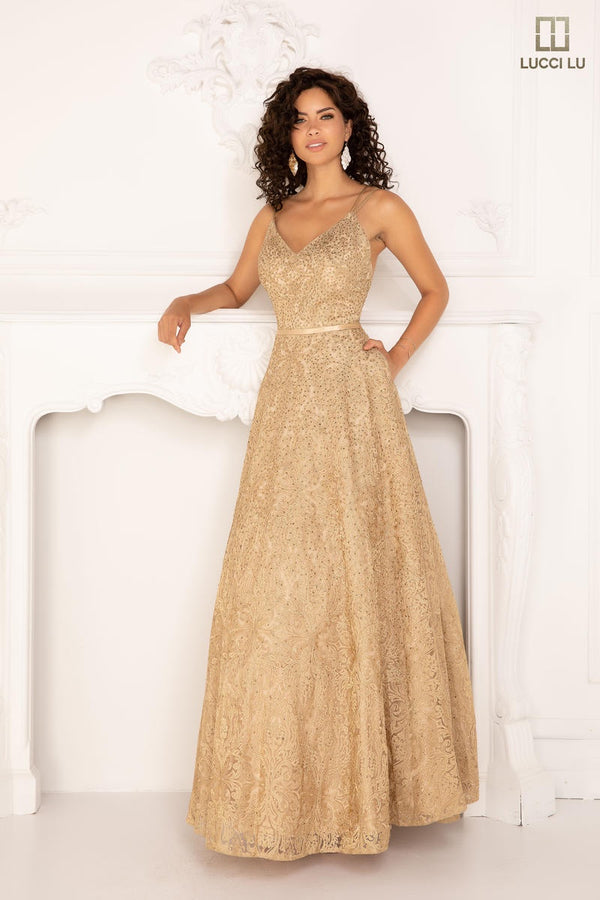 Lucci Lu 1095 Gold Embroidered Tulle A-Line Dress