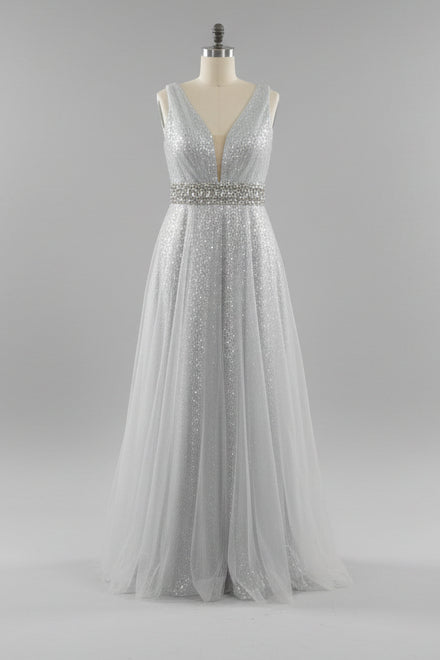 Lucci Lu 28018 Silver Sequin Tulle Slim A-Line Dress Lucci Lu 28018 Silver Sequin Tulle Slim A-Line Dress
