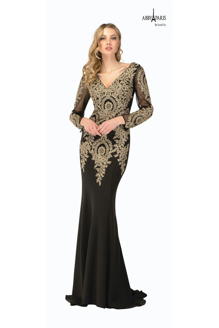 Lucci Lu 90037 Burgundy Gold Long Sleeve V-Neck Embroidered Fitted Dress