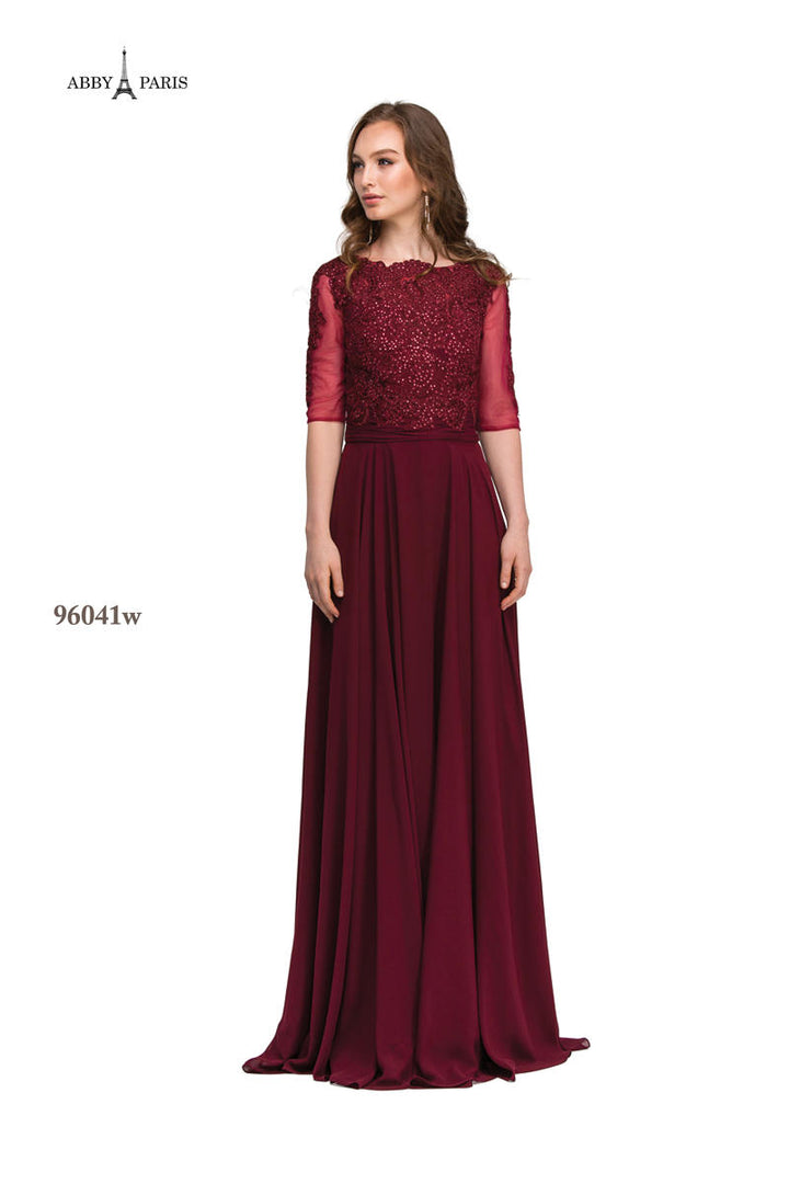 Lucci Lu 96041 Burgundy Chiffon Dress with Sleeves