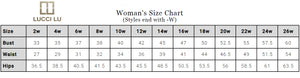 Woman's size chart for Lucci Lu Dresses with measurements in inches.