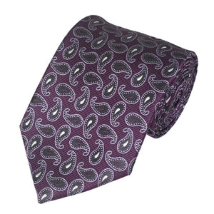 Eggplant with Grey and Black Paisley Design Woven Tie Romario Manzini 