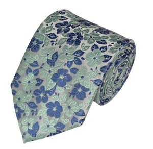 Sage Green and Blue Grey Floral Design Woven Necktie Romario Manzini 