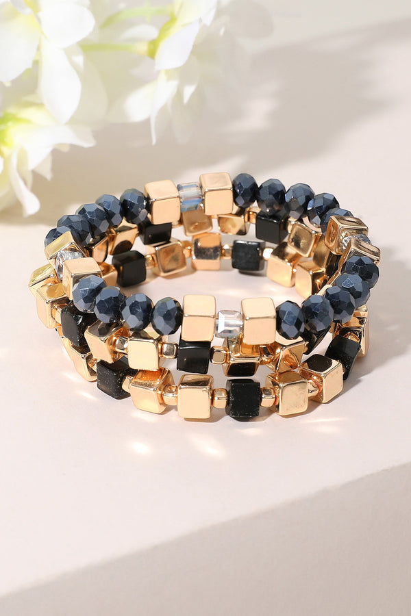 Metal Cube Faceted Beaded Stretch 3 Piece Black and Gold Bracelet Set
