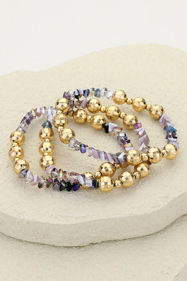 Gold and Purple Faceted Beaded Stretch 3 piece Layered Bracelets