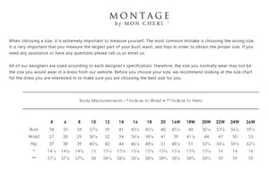 Montage by Mon Cheri size chart for dresses with sizing guide.