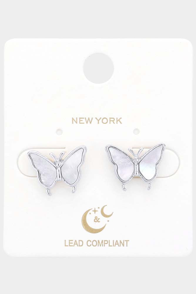 Mother Of Pearl Butterfly Stud Earrings - Gold or Silver