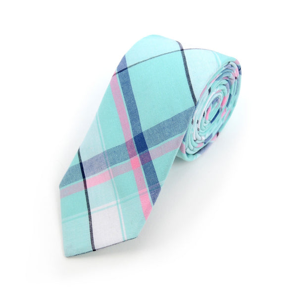 Turquoise Plaid Cotton Slim Tie