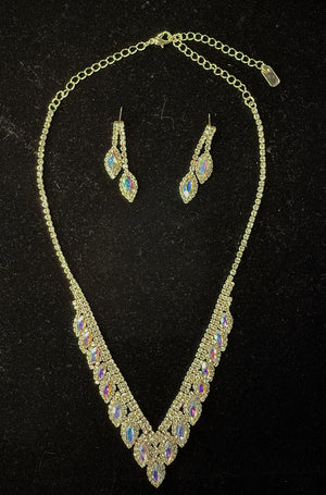 Iridescent Marquise Stone Drop V-Gold Necklace and Earring Set Wona Trading Co 