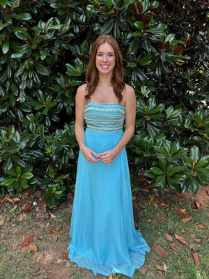 Mon Cheri 116780 Blue Strapless Chiffon Dress with Beaded Bodice Mon Cheri 