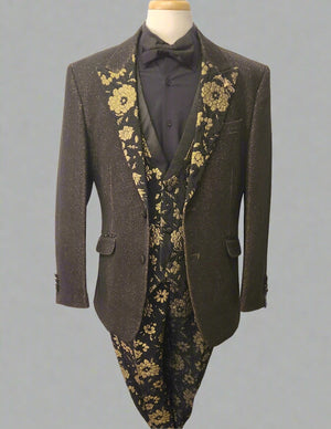 Metallic Gold and Black with Floral Print 3 Piece Fashion Tuxedo Barabas Vassarilos Angelesca 