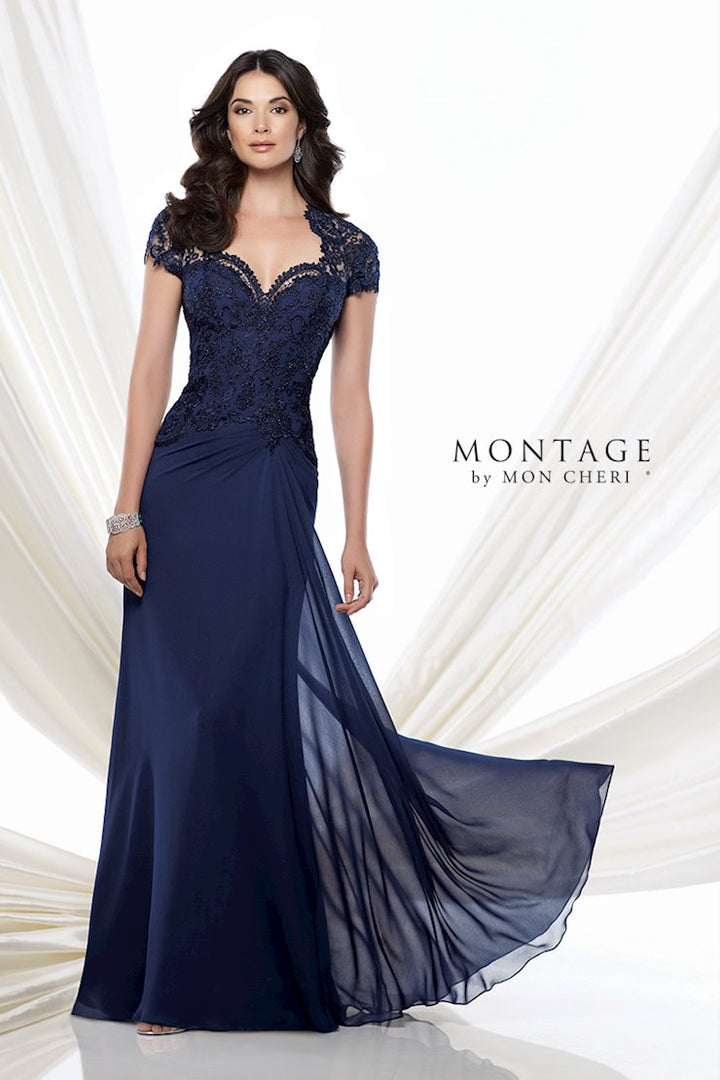 MONTAGE by Mon Cheri 115974 Navy Blue Chiffon Evening Dress