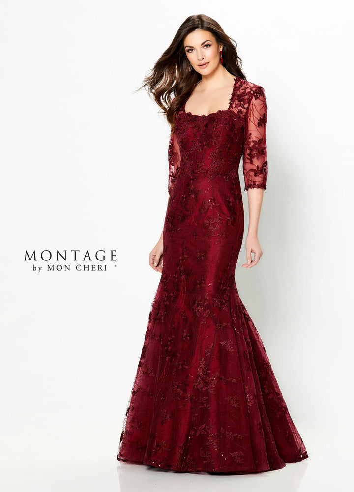 MONTAGE by Mon Cheri 219979 Wine Evening Dress with Lace Sleeves - Size 6