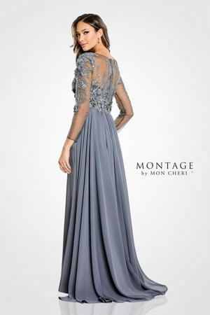 Montage M509 Illusion Bodice Long Sleeve Dress with Train