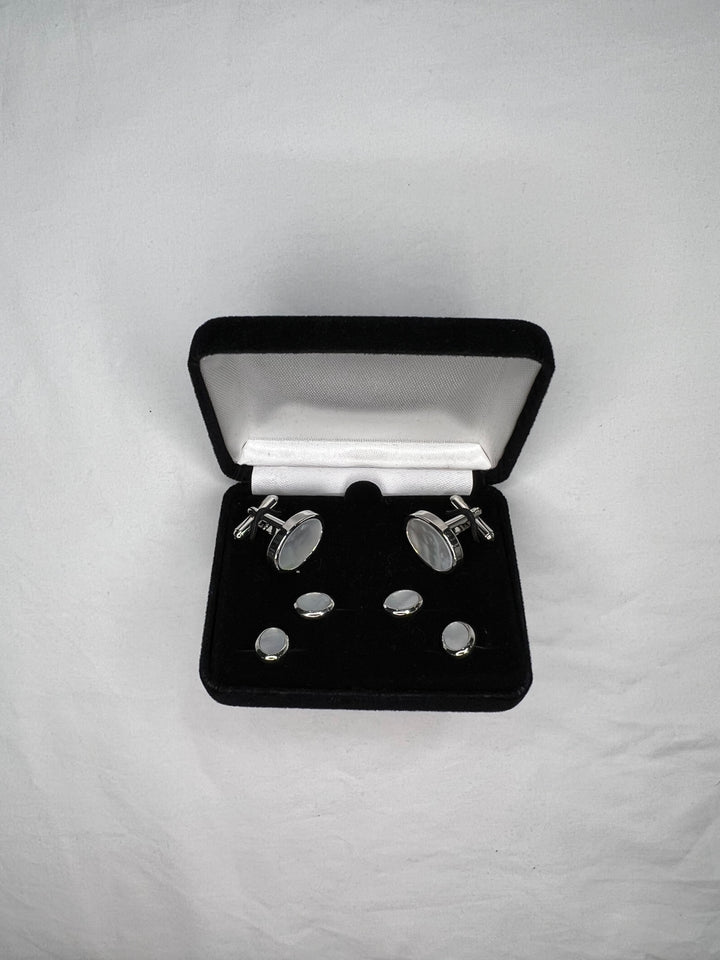 Mother of Pearl Silver Oval Studs & Cufflinks Boxed Set