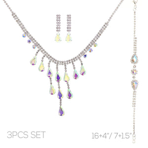 Cascading Iridescent Crystal Tassel 3 Piece Silver Necklace, Earring and Bracelet Set Sophia Collection 