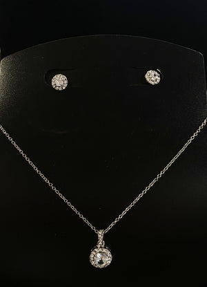 Cubic Zirconia Round Pendant Silver Necklace and Earring Set Cristal D'Or 