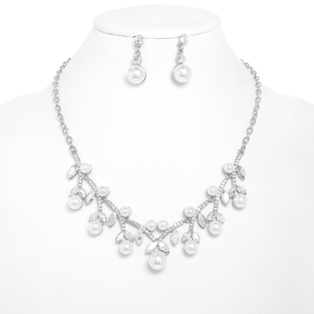 Pearl and Crystal Rhinestone Petal Cut Silver Necklace and Earring Set Sophia Collection dba Something Special 