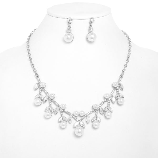 Pearl and Crystal Rhinestone Petal Cut Silver Necklace and Earring Set