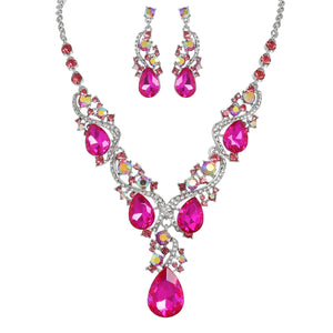 Fuchsia Pink Iridescent Crystal Cluster V-Shape Silver Necklace and Earring Set Sophia Collection 