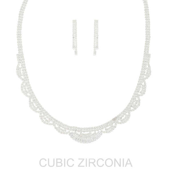 Cubic Zirconia Scalloped Edge Necklace and Earring Set
