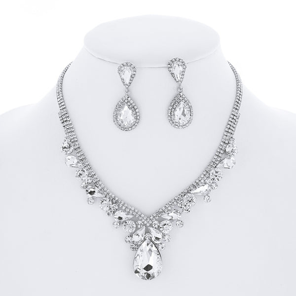 Crystal Teardrop Cluster Bib Silver Necklace and Earring Set