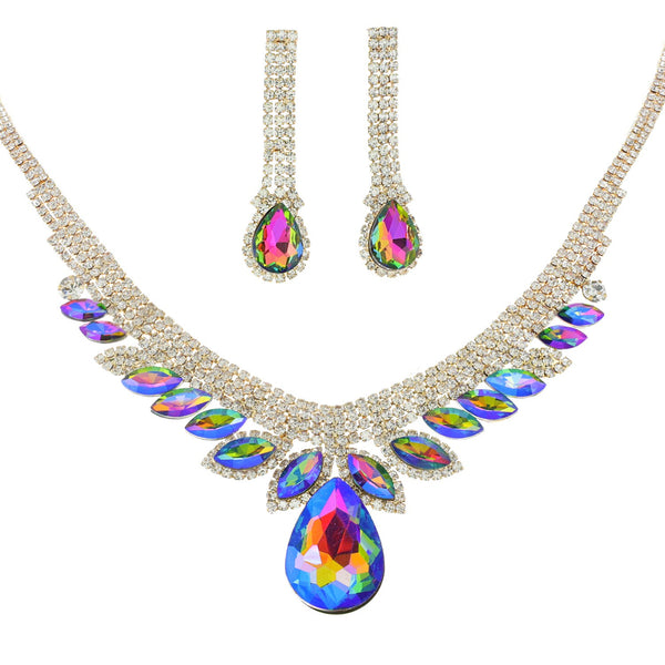 Iridescent Crystal Rhinestone Petal Teardrop Gold Necklace and Earring Set
