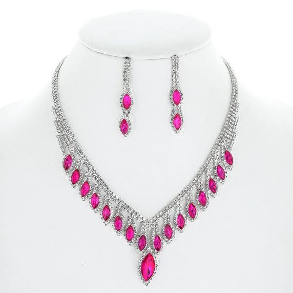 Crystal Petal V-shape Fringe Necklace and Earring Set