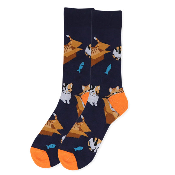 Men's Cat in a Box Navy Novelty Socks