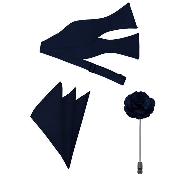 Navy Blue Satin Bow Tie, Pocket Square & Lapel Pin Set