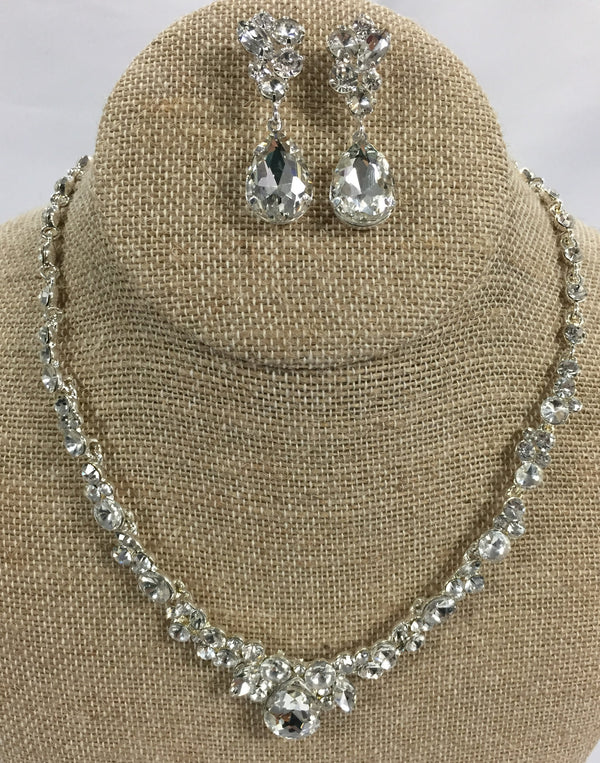 Crystal Rhinestone Cluster Silver Necklace & Earrings Set