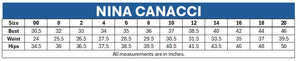 Nina Canacci size chart with measurements in inches