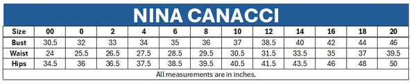Nina Canacci size chart with measurements in inches