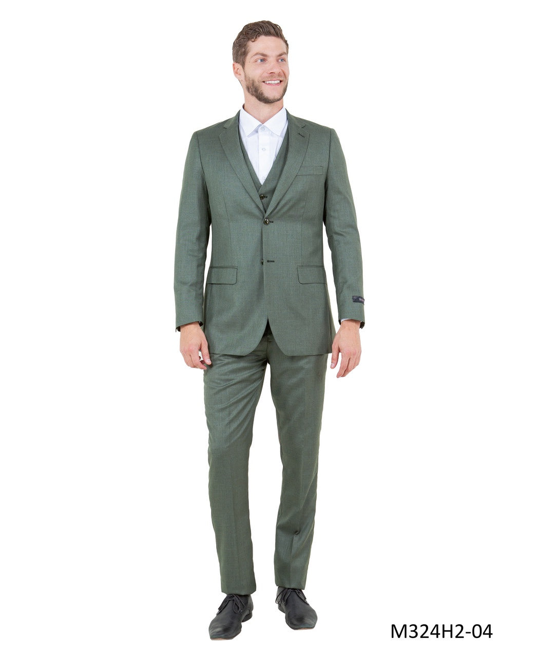 New Olive Green Slim Fit 3 Piece Sharkskin Suit by Tazzio 38 / 32W / LONG New Olive Green Slim Fit 3 Piece Sharkskin Suit by Tazzio 38 / 32W / LONG