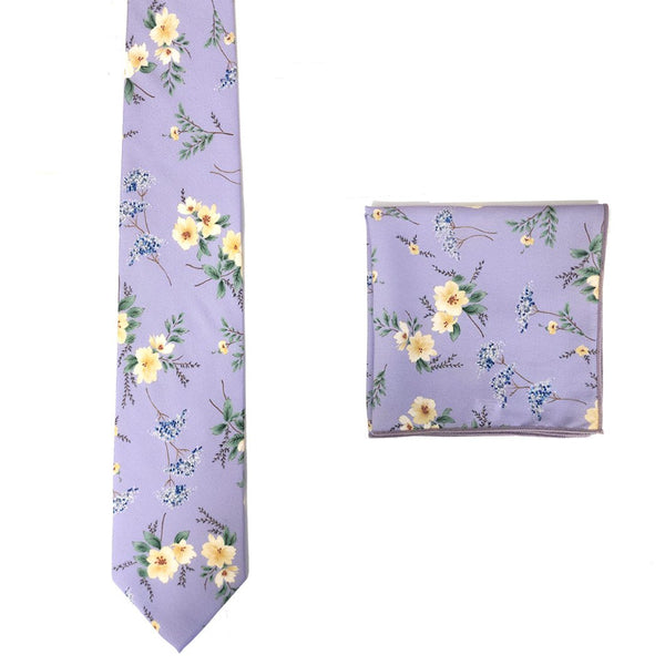 Cotton Floral Tie with Matching Pocket Square Set - Dusty Blue or Lilac