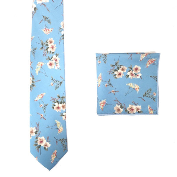 Dusty Blue Cotton Floral Tie & Pocket Square Set