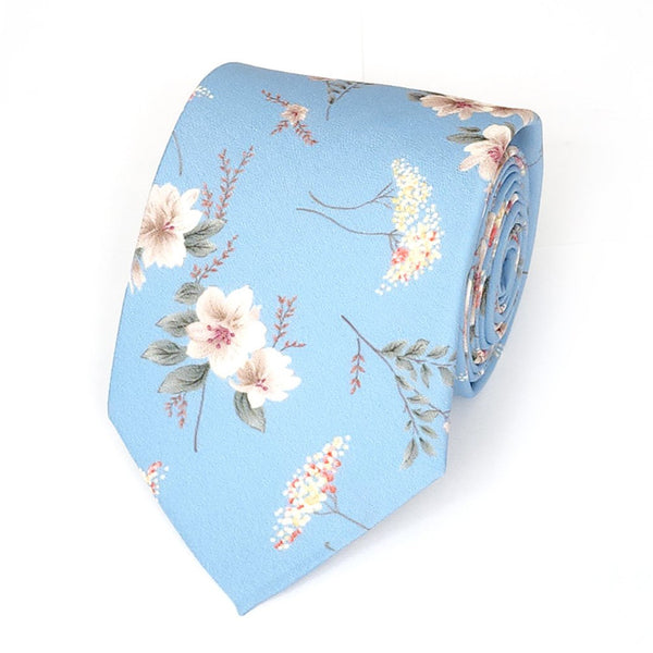 Cotton Floral Tie with Matching Pocket Square Set - Dusty Blue or Lilac