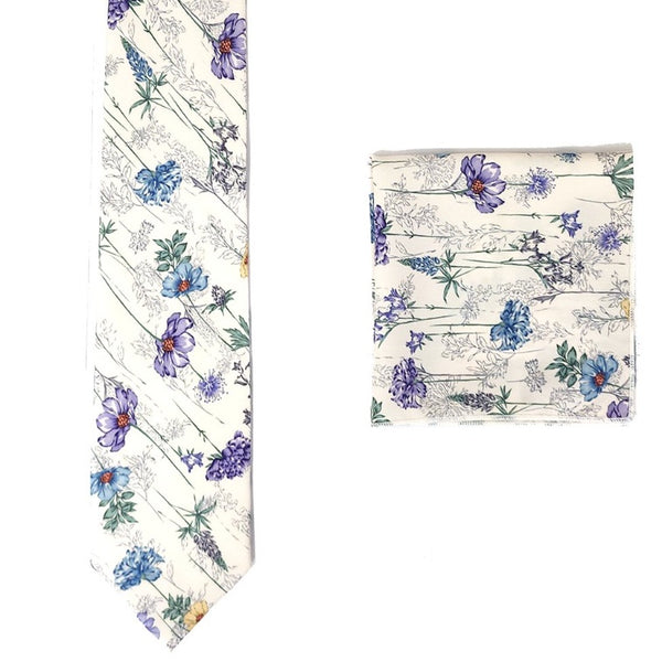 White Alabaster Cotton Floral Tie & Pocket Square Set