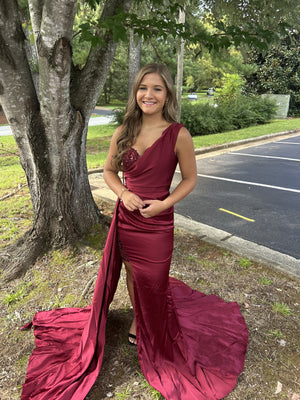 Portia & Scarlett PS22276 Deep Red One Shoulder Satin Beaded Dress Portia & Scarlett 